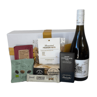 Gift Box Image Dairy-free gift box with NZ Chardonnay Wine and tasty food snacks delivered NZ wide. Batenburgs Gift Hampers